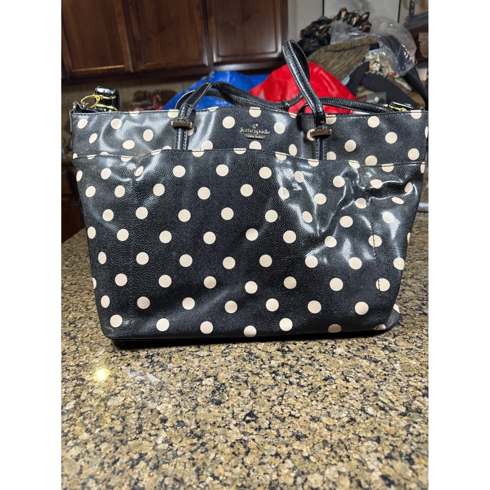 Kate Spade New York Polka Dot Tote Bag Black Cream Large Shoulder Bag WKRU1900